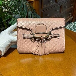 N16 Slightly Used Gucci Mini Emily Pink Leather Chain Shoulder Bag 18CM
